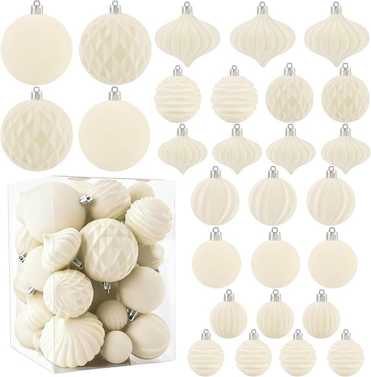 28PCS Velvet Christmas Balls Ornaments, Flocked Shatterproof Beige Cream Xmas Tree Hanging Decoration Plastic Ball Set Bulk Ornament for Winter Trees Holiday Party Home Wreath Decor