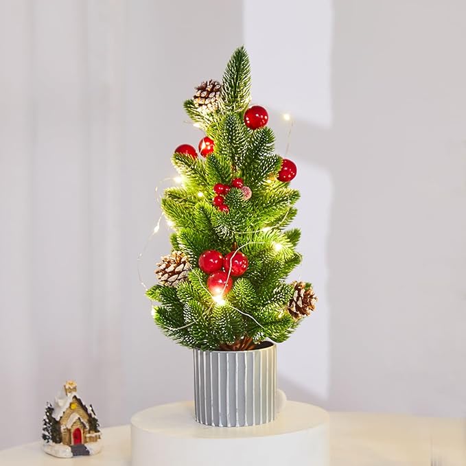 Classic Small Christmas Tree Table Decor - Mini Tabletop Artificial Tree Indoor Christmas Holiday Centerpiece for Desktop Home Office Bedroom Decor Gift(Red Pine)