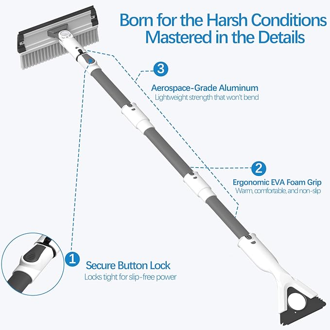 61.5" Ice Scrapers for Car Windshield, 2 in 1 Snow Brush for Car and Ice Scraper, Extendable Snow Brush for Car Windshield with Foam Grip and 180° Pivoting Brush Head for Car Automobile Vehicle Window