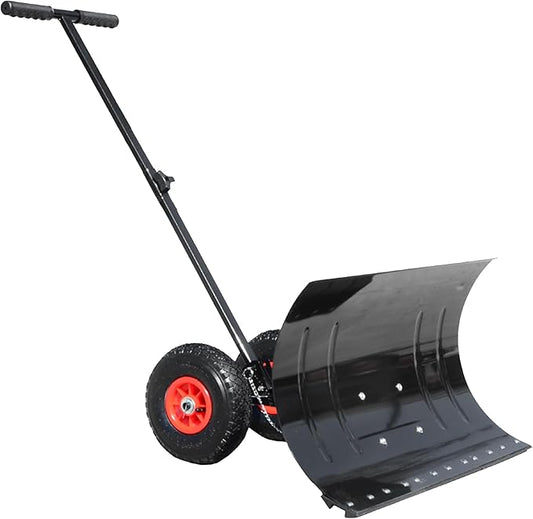 Snow Shovel for Driveway, Wheeled Metal Snow Pusher Plow with Large 29” x 16.5” Adjustable Angle Blade (Single Rod)