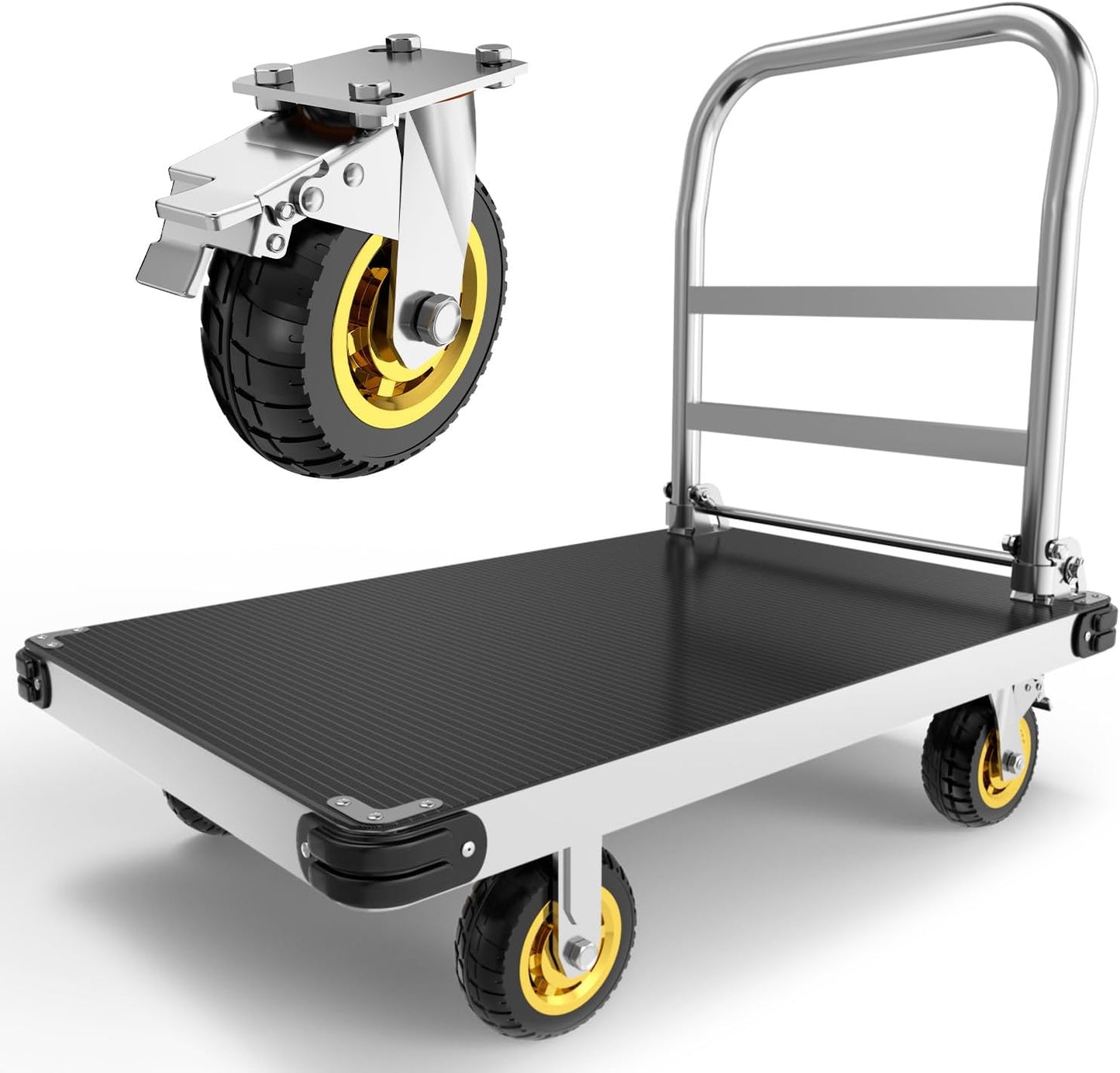 Extra Large Platform Truck Cart, 44 x 28 Heavy Duty Push Cart Dolly 2500 LBS Capacity, Flat Cart with Non-Slip Mat and 6" Swivel Brake Wheels