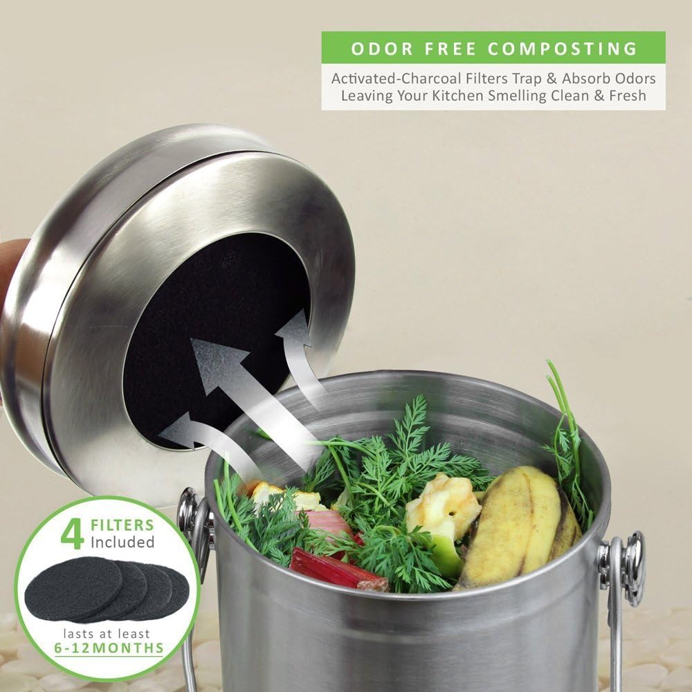 Abakoo Compost Bin 304 Stainless Steel Kitchen Composter Waste Pail Indoor Countertop Kitchen Bin Pail - Includes 4 Filters (1.3 Gallon)