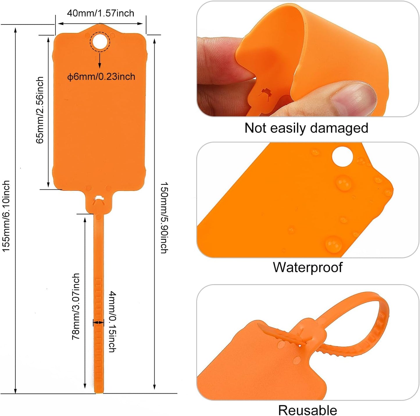 100pcs Blank Plastic Tags for Labeling Reusable Hanging Tags Ties Key Tag Storage Labels Waterproof Plastic Mark Label Writable Hang Sign with One Marker Pen (Orange)