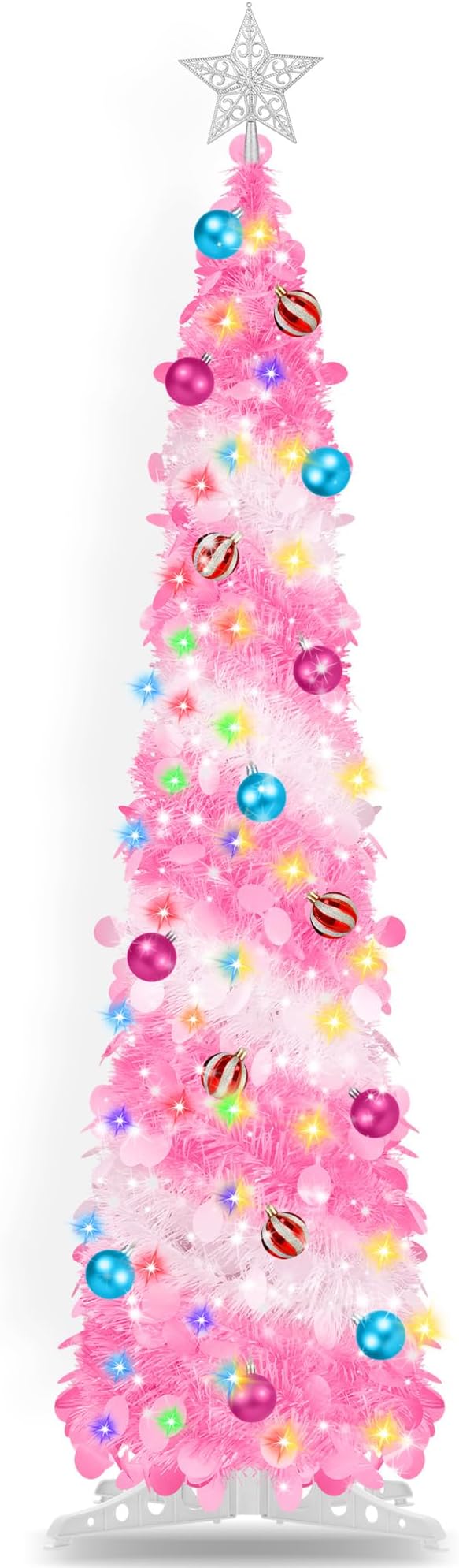 5FT Pop Up Christmas Tree with Timer 60 Warm White & Multi Color Fairy Light 3D Star 15 Ball Ornament, Pink White Tinsel Christmas Tree Slim Pencil Xmas Tree Home Office Holiday Decor Indoor Outdoor