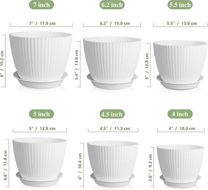 7/6.2/5.5/5/4.5/4 inch Plant Pots, 6 Pack Flower Pots for Small Indoor Outdoor Plants, Plastic Planters with Drainage Holes and Saucers for Garden Succulent House Plants, White