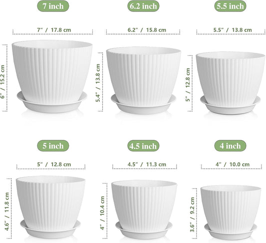 7/6.2/5.5/5/4.5/4 inch Plant Pots, 6 Pack Flower Pots for Small Indoor Outdoor Plants, Plastic Planters with Drainage Holes and Saucers for Garden Succulent House Plants, White