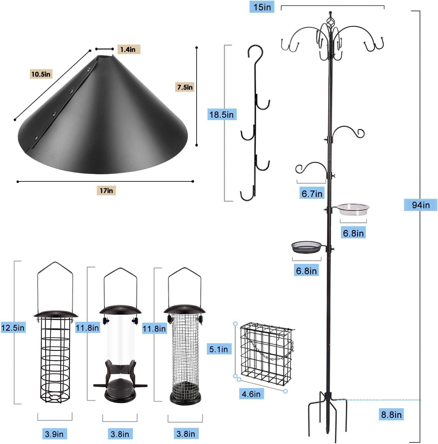 Bird Feeding Station Kit with Squirrel Baffle Bird Feeder Pole with Suet Cage Mesh Tray Fruit Hook Double W Hook for Attracting Wild Birds and Hanging Planter Hanger Lights