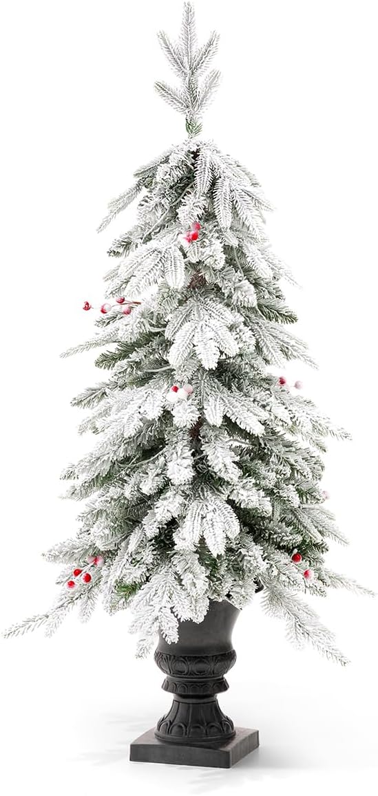 Glitzhome 4ft Christmas Tree, Small Christmas Tree Flocked Fir Potted Prelit Artificial Christmas Tree with 100 Warm White Lights and Red Berries,313 PE&PVC Branch Tips for Holiday Party Decorations