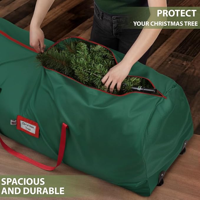 Holiday Cheer Christmas Tree Storage Bag with Wheels – Heavy Duty Christmas Tree Bag Fits Up to 7.5ft Tall Artificial Tree, Waterproof, Durable Handles & Zipper – Xmas Tree Storage Bag (Green)