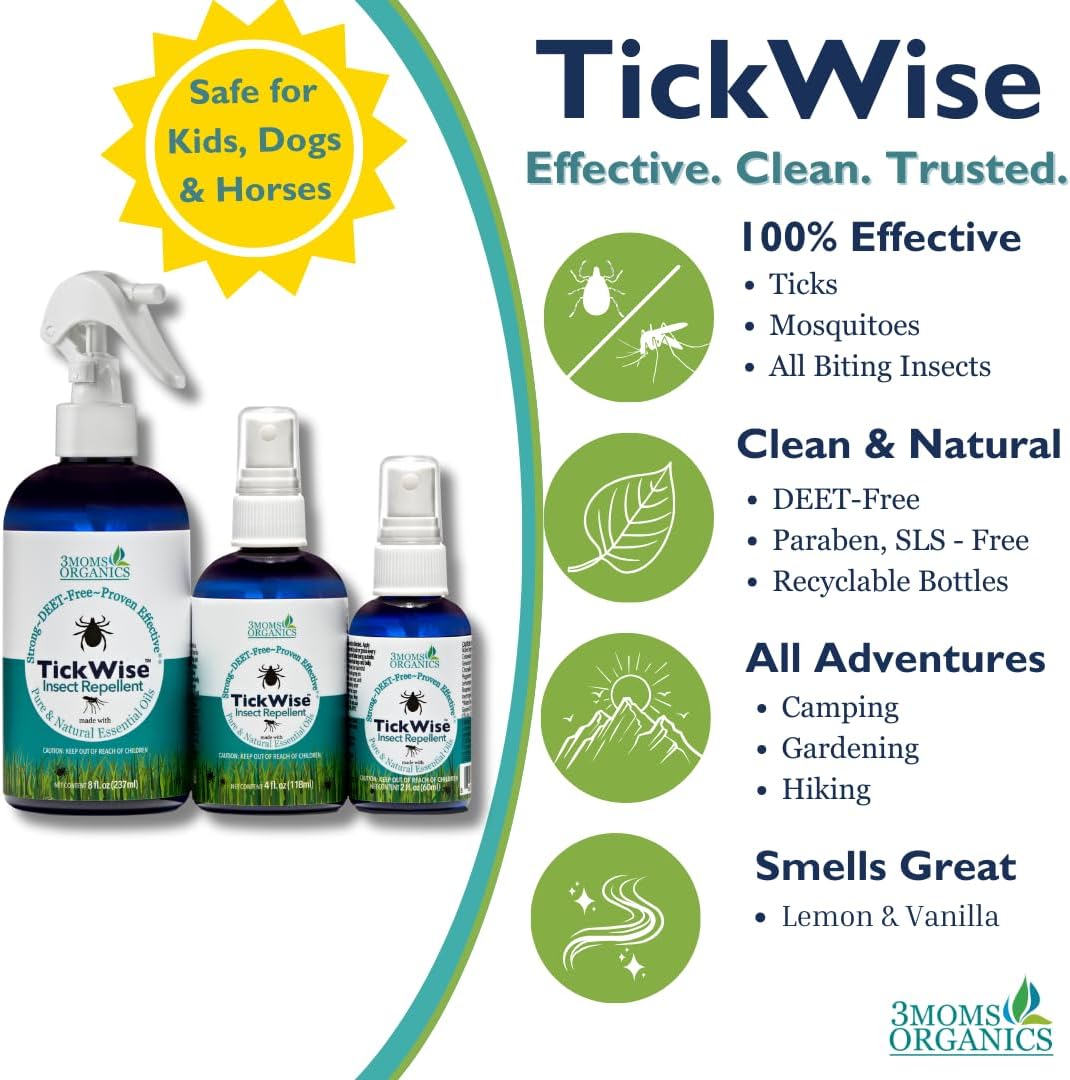 3 Moms Organics TickWise | DEET- Free, Tick and Insect Repellent | Plant Based Essential Oils and All Natural Ingredients | Safe for Kids, Adults, Dogs and HorsesTrio 8oz,4oz,2oz