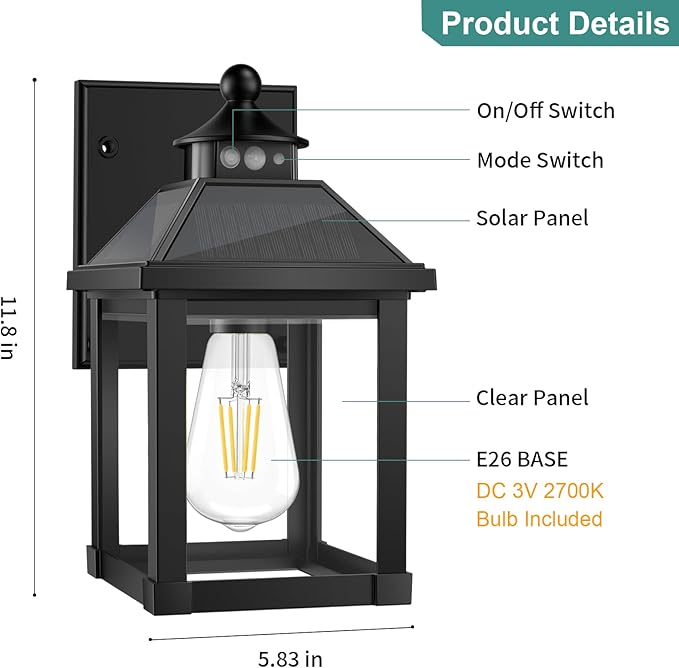 Solar Porch Lights Outdoor, Solar Sconce Lights Outdoor with Motion Sensor, Waterproof Wall Light with Clear Panel for Garage, Porch, Yard, Front Door,5.8 * 5.8 * 11.8in