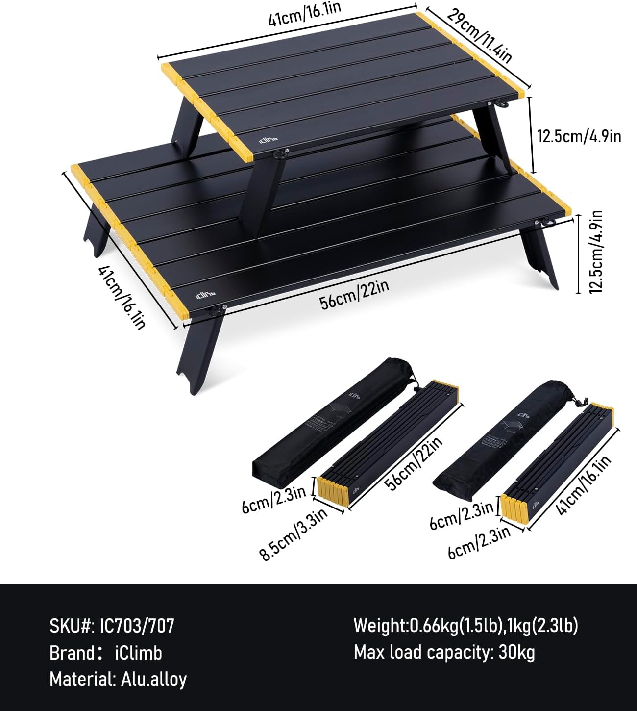 iClimb Ultralight Compact Mini Beach Picnic Folding Alu. Table with Carry Bag, Two Size (Black - S)