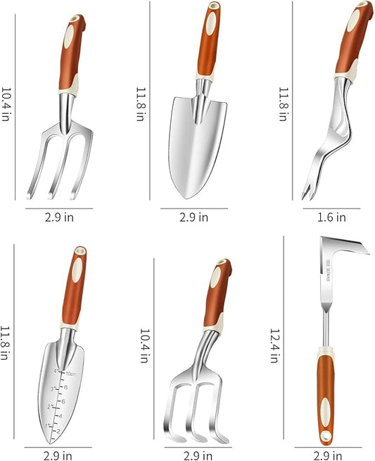 Garden Tool Set, 6 Pack Heavy Duty Gardending Hand Tools Kit with Non-Slip Rubber Grip, Ideal Gardening Gifts for Women