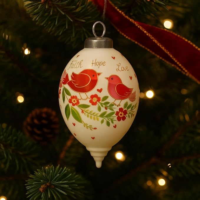 Faith Hope Love Ornament – Hand-Painted Glass Red Bird Ornament with Nest & Scripture Theme – Faith Based Christmas Ornaments for Christmas Tree, Family & Inspirational Holiday Décor