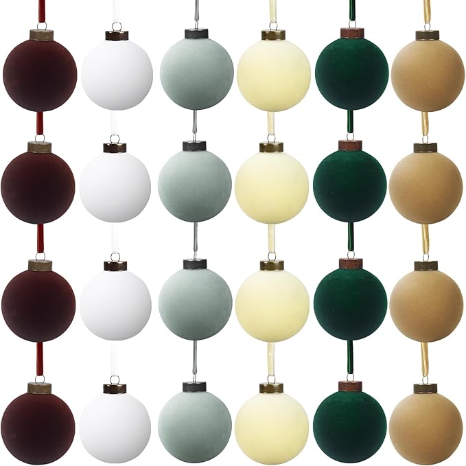 24 Pcs Velvet Christmas Balls Bulk Shatterproof Plastic Christmas Tree Decorations for Decorative Hanging Baubles (24, Coffee、White、Haze Blue、Beige、Blackish Green、Khaki, 2.36Inch)