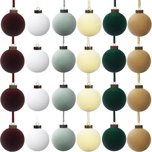 24 Pcs Velvet Christmas Balls Bulk Shatterproof Plastic Christmas Tree Decorations for Decorative Hanging Baubles (24, Coffee、White、Haze Blue、Beige、Blackish Green、Khaki, 2.36Inch)