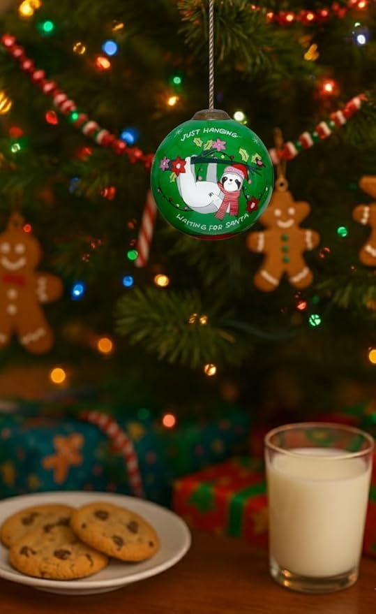 Sloth Christmas Ornament – Hand-Painted Glass Sloth Ornament for Christmas Tree–Sloth Christmas Decorations – Fun Sloth Gift for Women