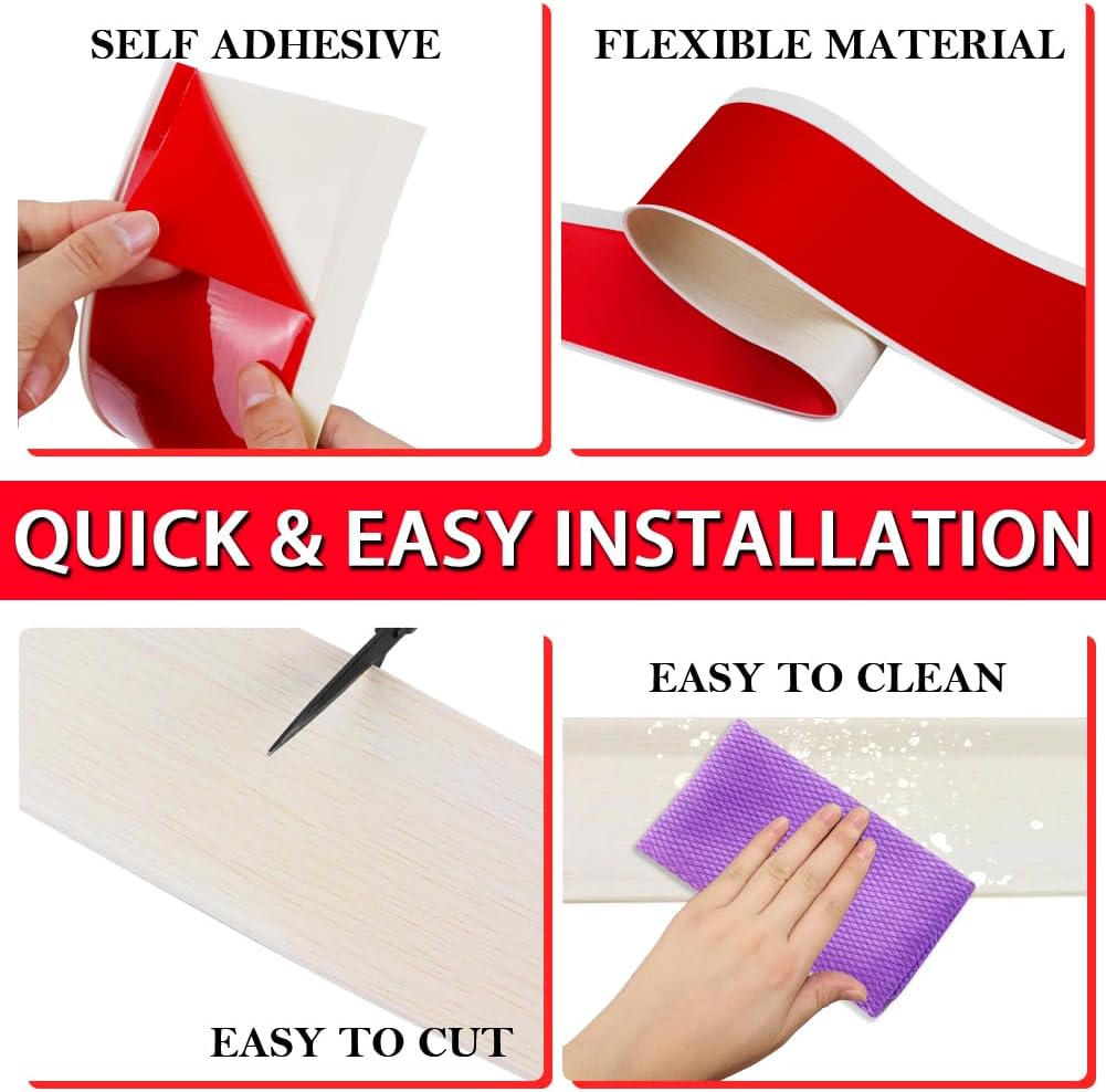 Vinyl Wall Base Baseboard Molding Trim 6" Flexible Self Adhesive Rubber Wall Base Moulding Trim Peel and Stick Design, 6 Inch x 40 Feet, Beige Wood