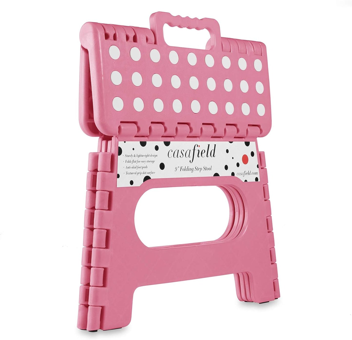 Casafield 9" Folding Step Stool with Handle, Pink - Portable Collapsible Small Plastic Foot Stool for Kids and Adults - Use in The Kitchen, Bathroom and Bedroom