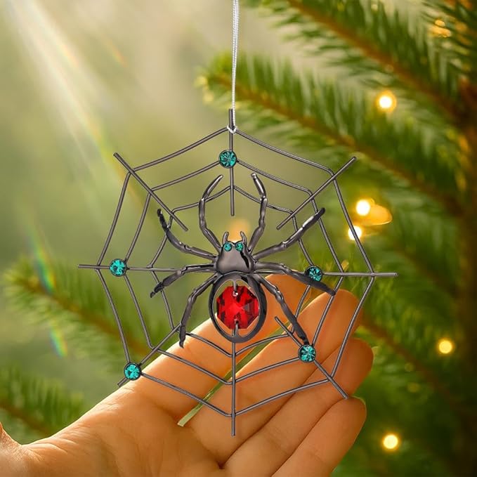 Matashi Black Spider Hanging Ornament for Christmas Tree w Red, Green Crystals – Lucky Spider Web Decoration for Tree, Seasonal Decor Holiday Hanging Ornament Gift Inspired by Christmas Spider Legend