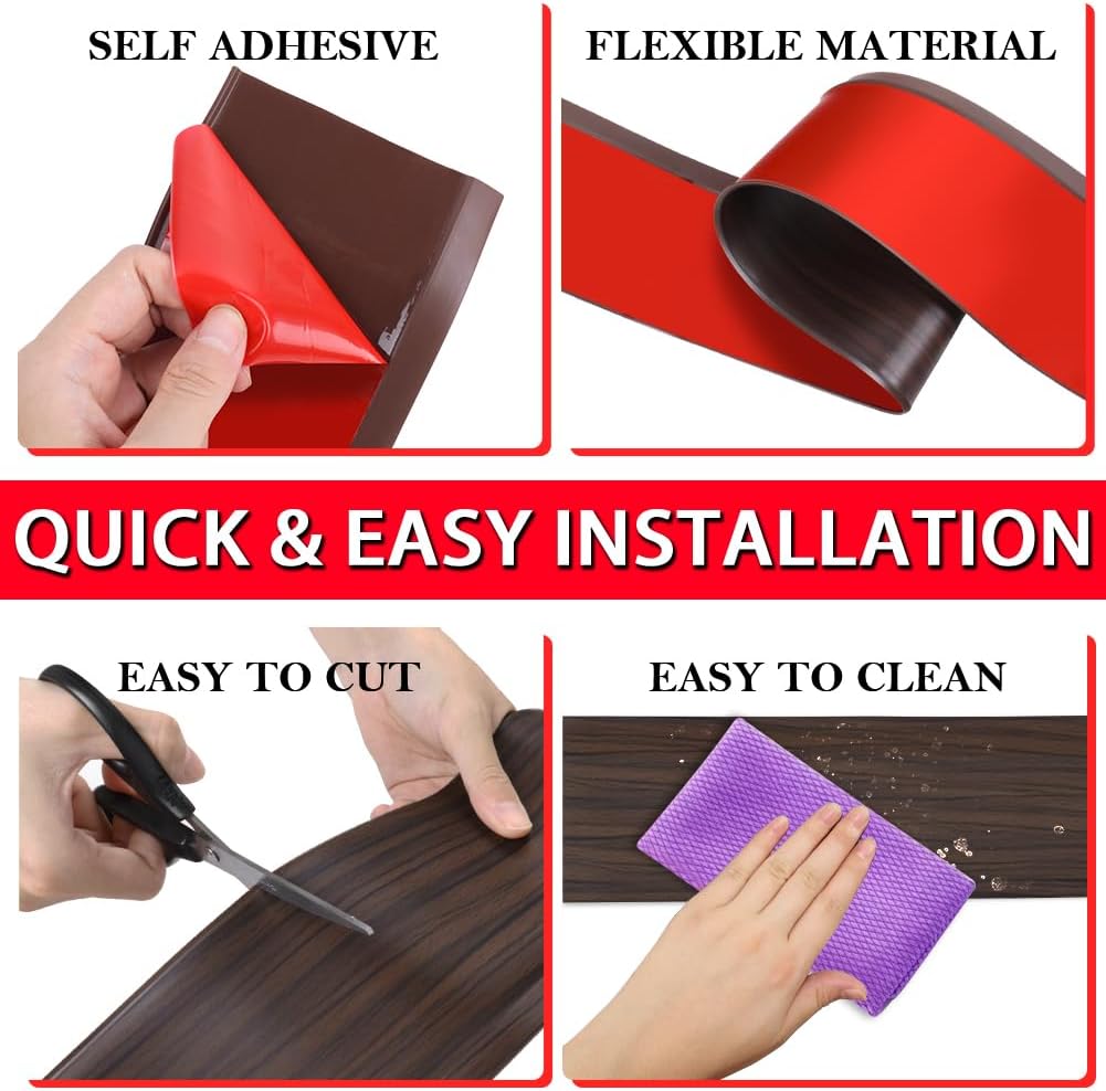 Vinyl Wall Base Baseboard Molding Trim 4" Flexible Self Adhesive Rubber Wall Base Moulding Trim Peel and Stick Design, 4 Inch x 60 Feet, Brown Wood Grain