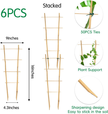 Bamboo Trellis 16" Ladder Vertical Gardening Plant Trellis for Climbing Plants Orchid Monstera and Indoor Potted Plants-6 Pack