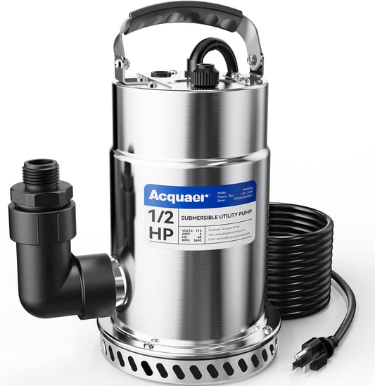 Acquaer 1/2HP Submersible Utility Pump, 3030GPH Stainless Steel Sump Pump, Water Removal for Basement Hot Tub Pool Cover Draining, 30ft Cord