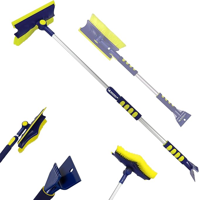 Michelin Snow Brush for Car Windshield (Pack of 2) – Ice Scraper with Extendable 34-49" with Foam Grip, Pivoting Head & Scratch-Free Bristles Heavy-Duty Winter Car Accessory for SUV, Truck, Van, Auto