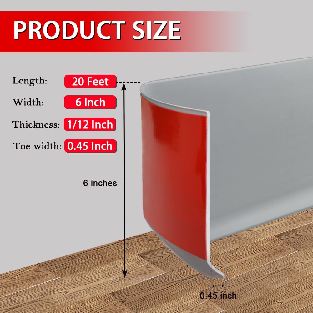 Vinyl Wall Base Baseboard Molding Trim 6" Flexible Self Adhesive Rubber Wall Base Moulding Trim Peel and Stick Design, 6 Inch x 20 Feet, Gray