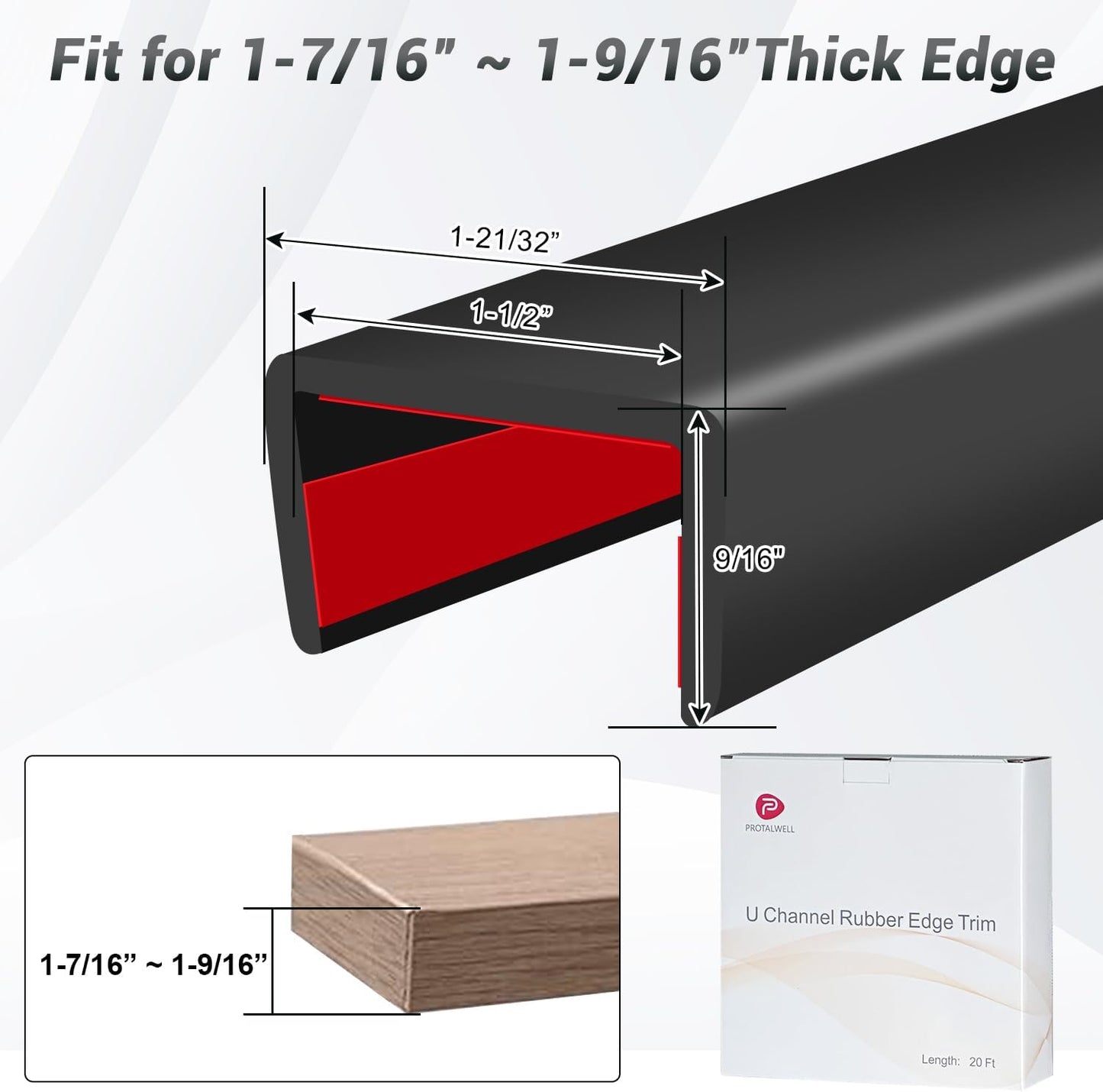 Rubber Edge Trim, 1-1/2 inch Wide U Channel Edge Trim, Big Size U Shaped Trim, Self Adhesive Edge Banding for Plywood, Woods, Doors, Shelf, Cabinet, Countertop, Length 20Ft, Black Gloss Finish