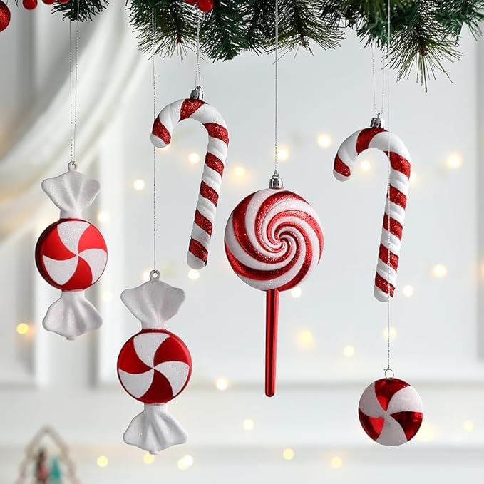 Christmas Lollipop Ornaments Glitter Hanging Lollipop Ornaments, 7.5inch Red White Lollipop,Threaded Shaped Lollipop for Xmas Tree Holiday Party Home Decor