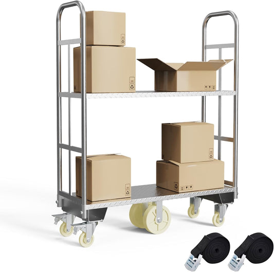 Two Tier U-Boat Platform Truck Cart, 16 x 48Inch Narrow Aisle Flatbed Truck w/6PCS Wheel Caster 2500LBS Weight Capacity Heavy Duty Platform Dolly with Removable Handles for Warehouse, Storage Room