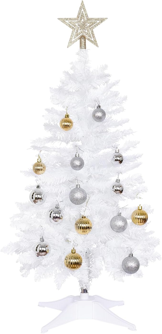 Sunshine White Christmas Tree with Light 3ft Artifical Full Christmas Tree with Ball & Star Ornaments 8 Lighting Modes for Holiday Decor