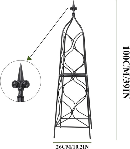 Obelisk Trellis for Garden - 38.3" x 10.03" Durable Metal Climbing Support for Roses, Vines & Flowers | Elegant Black Design with Decorative Top & Hollow Sides