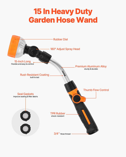 VEVOR Watering Wand, 15-Inch Robust Yard Hose Stick with 8 Spraying Modes & 180° Pivoting Head, Extended Hose Spray Apparatus with Thumb Operated On/Off