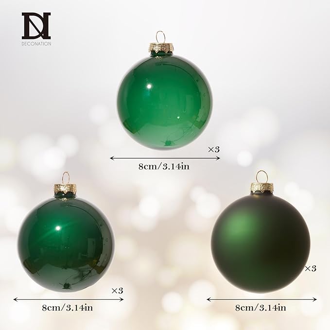 DN DECONATION Christmas Decorations Balls Set Indoor, Green Glass Christmas Tree Balls Ornaments, 9PCS 3.14” Holiday Hanging Ornaments for Christmas Tree Decorations & Winter Decor