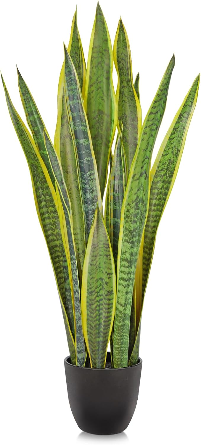Hollyone Artificial Snake Plant Potted, 28 Inch Faux Sansevieria Trifasciata Plants Large Tall Tropical Fake Snake Plants Tree in Black Pots for Home Office Room Patio Garden Indoor Outdoor Decor