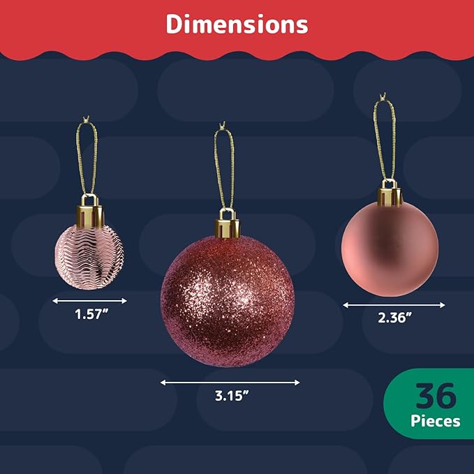 Prextex 36-Pieces Champagne Christmas Ornaments Set - Shatterproof, Festive Christmas Balls Decorations in 3 Sizes and 6 Styles with Hanging Loops for Tree, Wreath, and Dazzling Holiday Party Decor