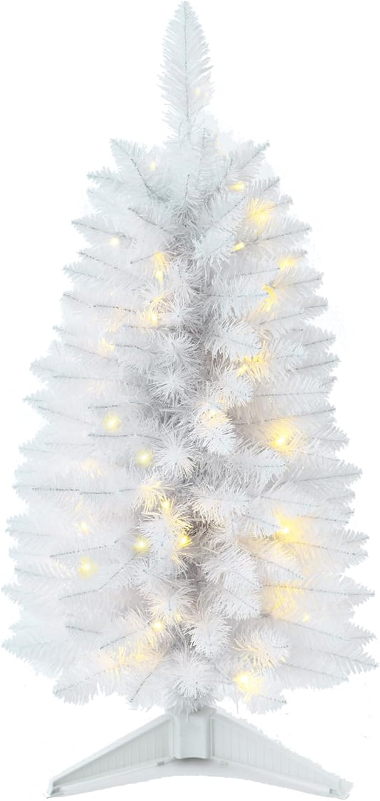 3ft Prelit Artificial Small Mini Christmas Tree with Warm White Multi-Color LED Lights, Timer Battery Operated, Perfect for Xmas Tabletop Decorations, Home, Kitchen, Dining Table top White