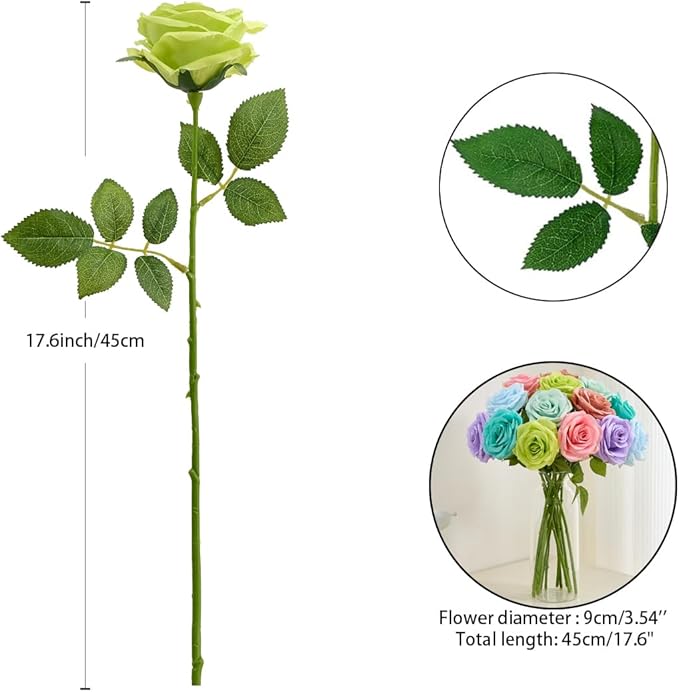 15pcs Green Fake Roses Artificial Silk Flowers Faux Rose Flower Long Stems Bouquet for Arrangement Wedding Centerpiece Party Home Kitchen Decor