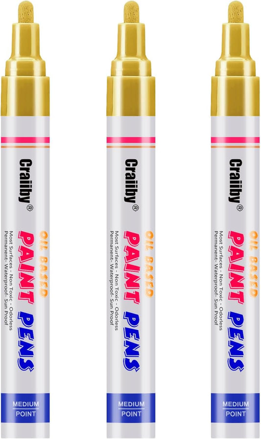 Gold Paint Markers, 3 Pack Oil-Based Waterproof Quick Dry Permanent Paint Pen Set for Rocks Painting, Wood, Fabric, Plastic, Canvas, Glass, Mugs, Metal, Tire, Stone, DIY Craft