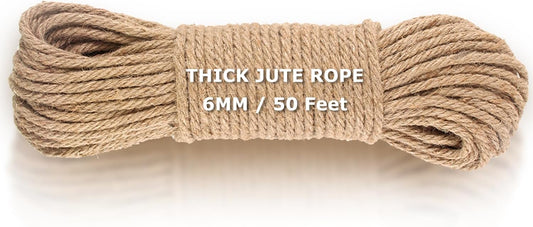 Vanhench Jute String Rope 6mm x 50 Feet, Heavy Duty and Thick Twine Rope for Crafts Projects, Gardening, Bundling, Cat Scratcher Scratching Post Tree Gift Wrapping Arts & Crafts Christmas Decoration