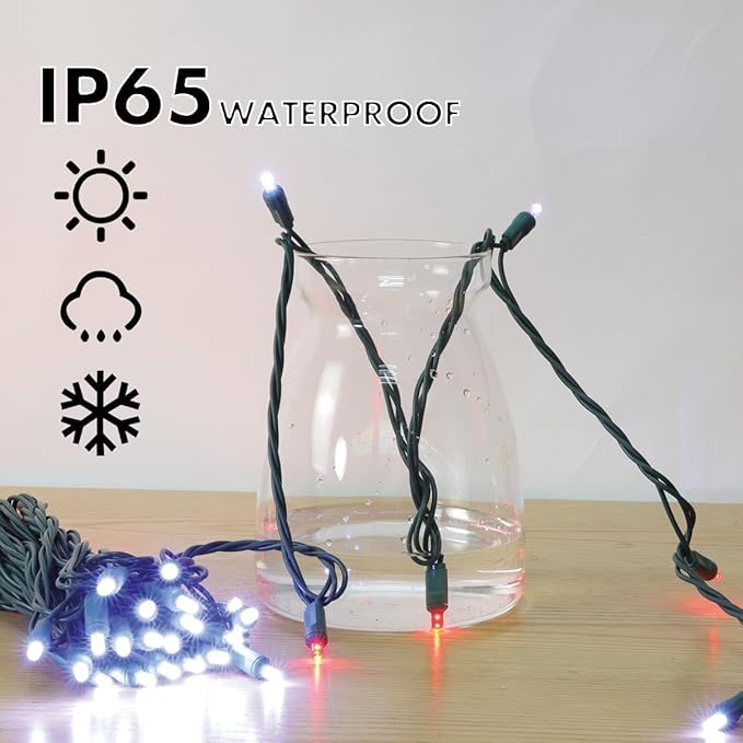 LAMPHOME 50L String Lights, LED Christmas Lights, 6" SPACING,Green Wire, Red and White