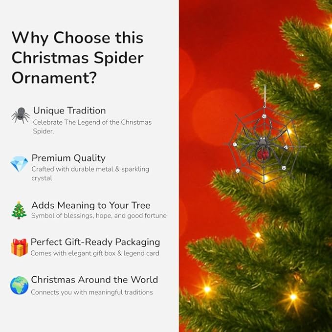 Matashi Black Spider Hanging Ornament for Christmas Tree w Red, Clear Crystals – Lucky Spider Web Decoration for Tree, Seasonal Decor Holiday Hanging Ornament Gift Inspired by Christmas Spider Legend