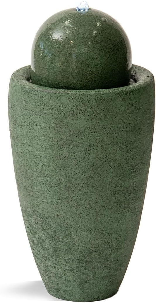 XBrand 25.98" H Green Round Stone Indoor/Outdoor Modern Sphere Water Fountain w/LED Lights – Ball Bubbling Fountain Décor for Garden, Patio, or Tabletop