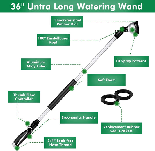 RESTMO 36” Long Watering Wand, Metal Garden Hose Wand with 180° Swivel Head and 10 Spray Patterns, Heavy Duty Hose Nozzle Sprayer with Thumb Flow Control, for Water Hanging Baskets, Shrubs, Silver