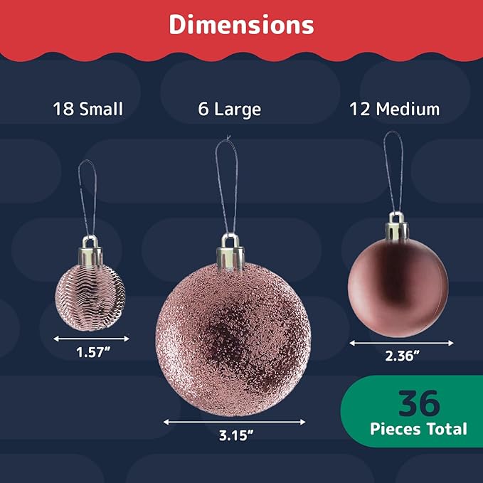 Prextex 36-Pieces Christmas Ornaments Set - Shatterproof, Festive Christmas Balls Decorations in 3 Sizes and 6 Styles with Hanging Loops for Tree, Wreath, and Dazzling Holiday Party Decor - Rose Gold