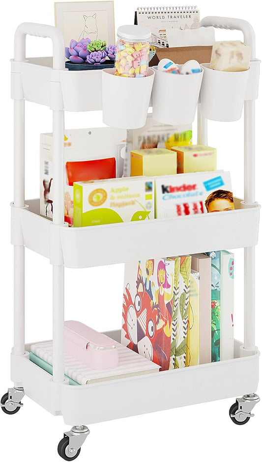 UDEAR 3-Tier Rolling Utility Cart,Multifunctional Storage Shelves with Handle and Lockable Wheels for Room,Office,Kitchen,Bathroom,with 3 Hanging Cups,White