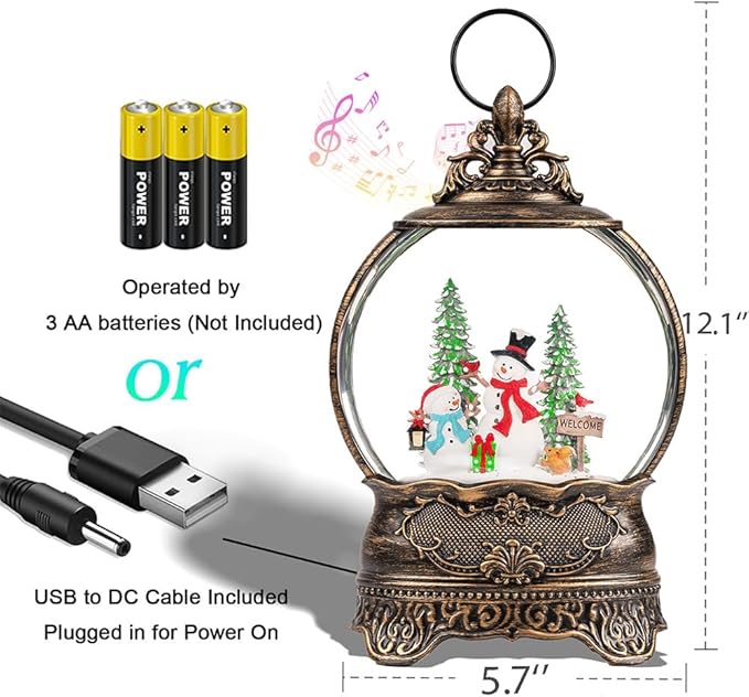 Snow Globe Lights Welcome Snowman Scene Tree Scene Music Box, USB and Battery Powered Christmas Decorations Presents.
