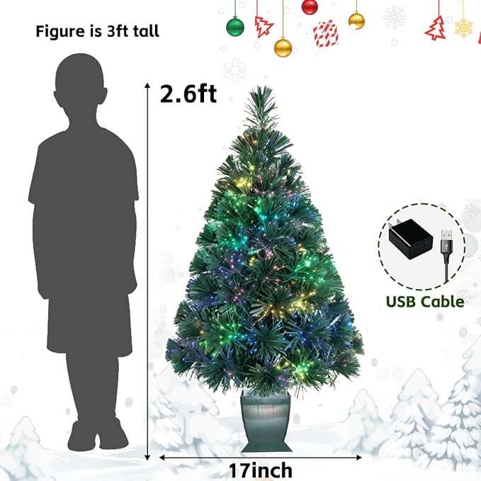 32inch Pre Lit Fiber Optic Christmas Trees,Small Christmas Tree with Lights,Mini Tabletop Christmas Tree,Starry Sky‌ Xmas Tree for Home,Office,Party Decoration,Indoor,Outdoor (Dark Green